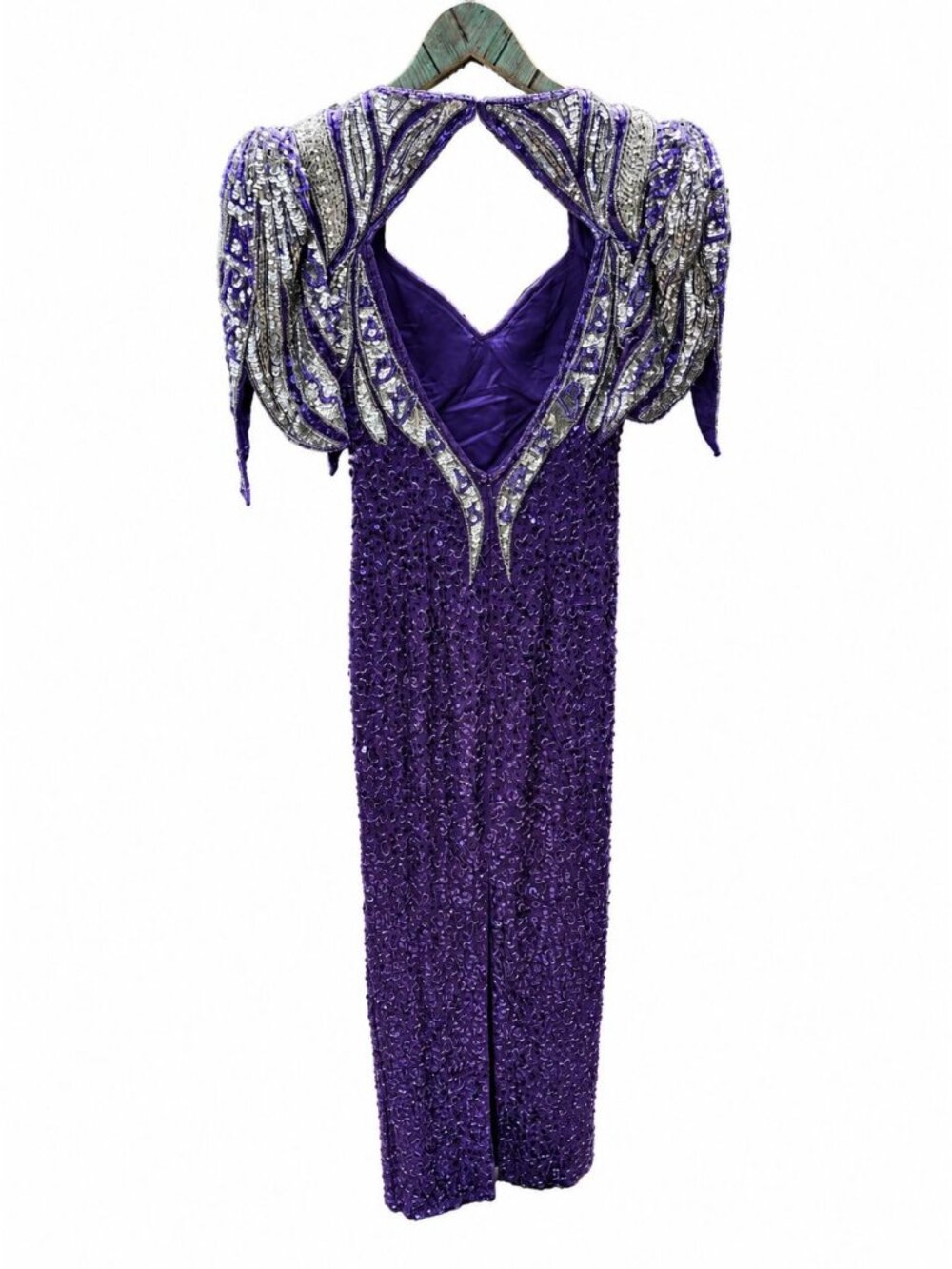 Vintage 90s Y2k Alyce Designs Silk Purple Sequin, Pearl, Bead Evening Dress, 6 - Picture 8 of 10